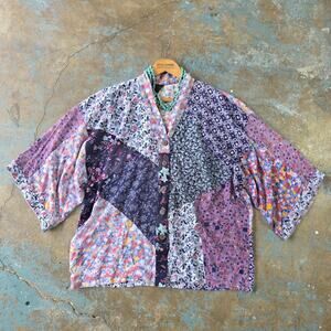 Sacred Threads Patchwork Top Size S/M Short Sleeve Floral Oversized Boho Artsy